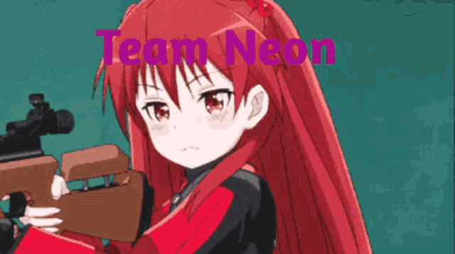 a girl with red hair is holding a rifle and the words team neon are visible behind her