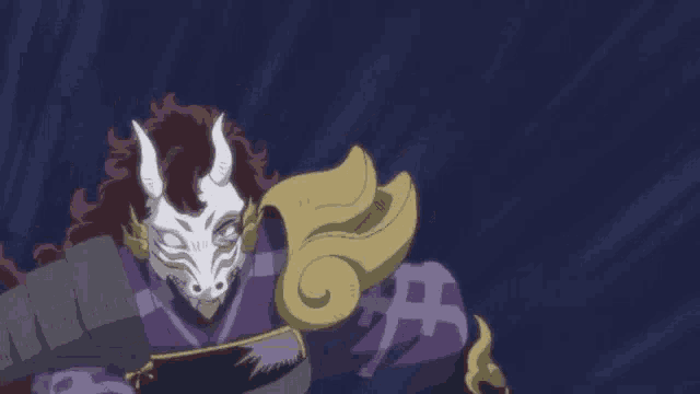 a cartoon character with horns and a mask on their face