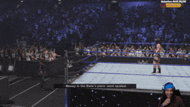 a video game screen shows a wrestling match and a message that says money in the bank 's plans were spoiled