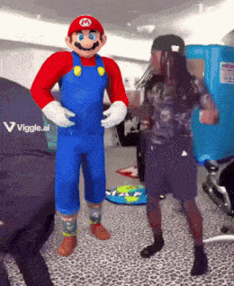 a man in a mario costume is dancing in front of a sign that says viggle