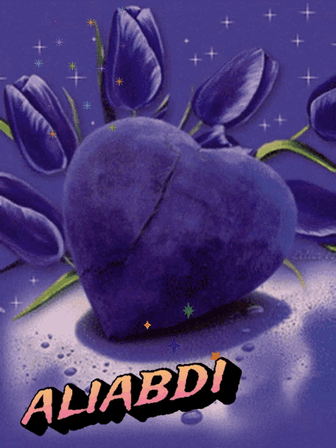 a purple heart is surrounded by purple flowers and the name aliabdi is on the bottom