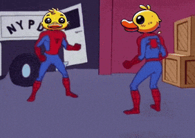 a cartoon of a duck in a spiderman costume standing next to a nypd van