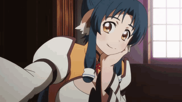 a girl with blue hair and yellow eyes is smiling with her hand on her face