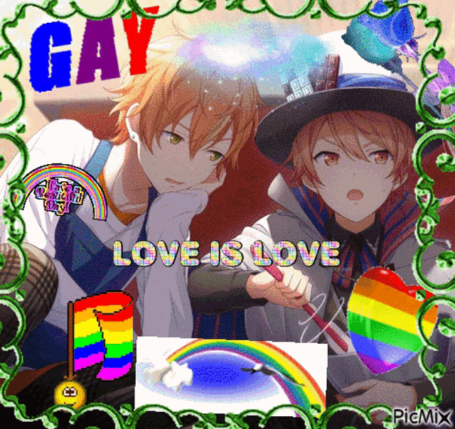 a picture of two anime boys with the words gay love is love