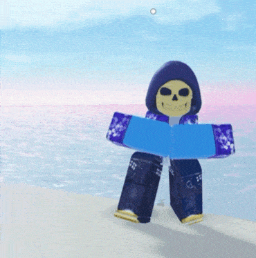 a skeleton wearing a purple hoodie and blue pants