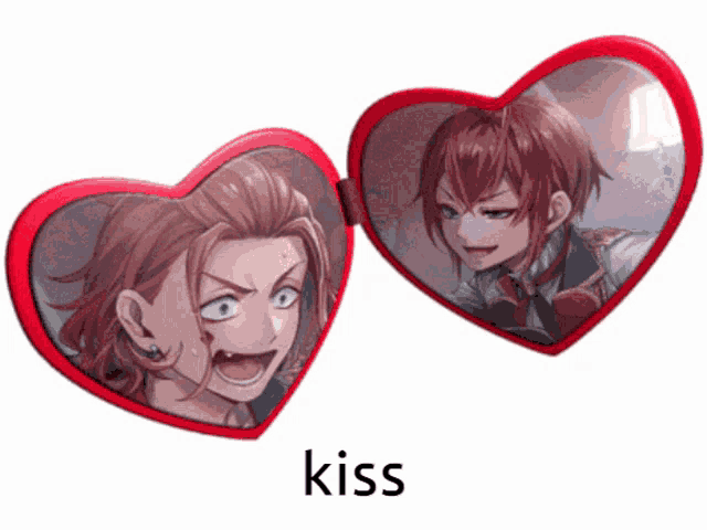 a heart shaped mirror with a picture of a man and the word kiss underneath it
