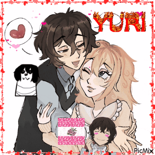 a drawing of a man and a woman with the word yuri in red