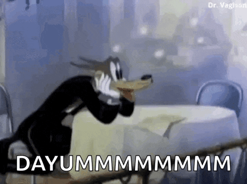 a cartoon wolf is sitting at a table with a napkin on it and eating a banana .