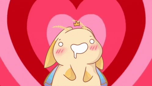 a cartoon rabbit with a crown on its head is standing in front of a pink heart