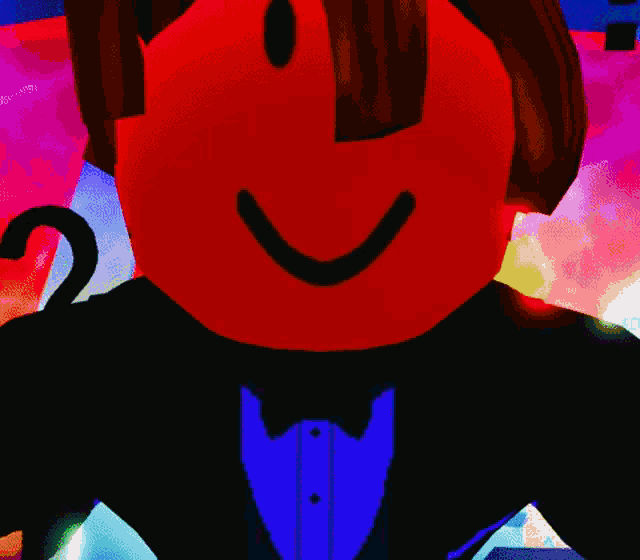 a red roblox character wearing a tuxedo and bow tie is smiling