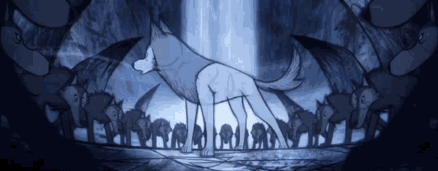a drawing of a wolf standing in front of a group of people