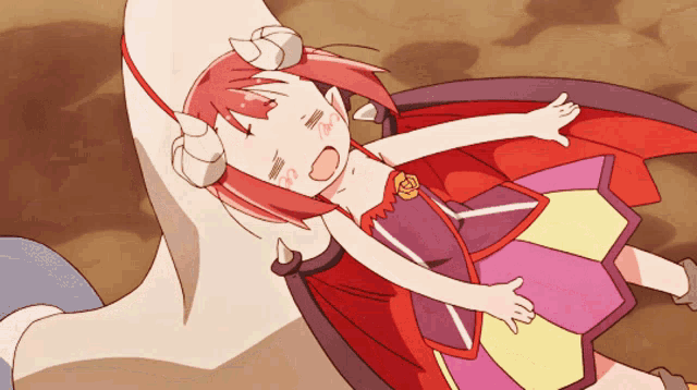 a cartoon of a girl with horns laying on a rock