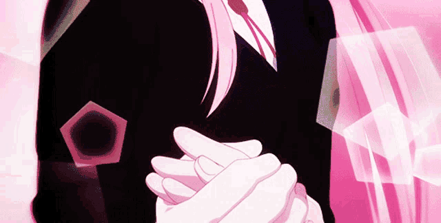 a person with pink hair and white gloves