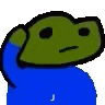 a pixel art of a green frog wearing a blue shirt and a blue sweater .