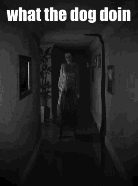 a black and white photo of a woman in a hallway with the words what the dog doin above her