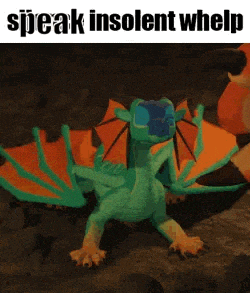 a green dragon with orange wings is sitting on a rock with the words speak insolent whelp below it
