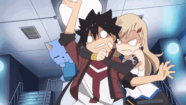 a couple of anime characters standing next to each other with one making a funny face