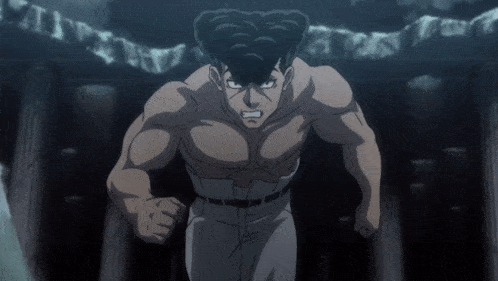 a cartoon of a man running in a dark room with a banner behind him that says ' tokyo '