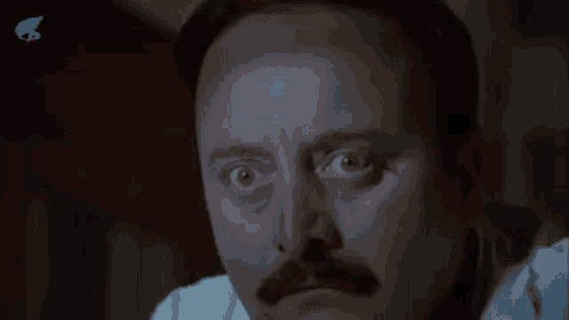 a close up of a man 's face with a mustache making a funny face .