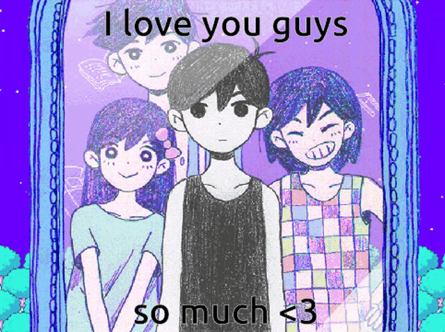 a group of anime characters are standing next to each other with the words " i love you guys so much < 3 "