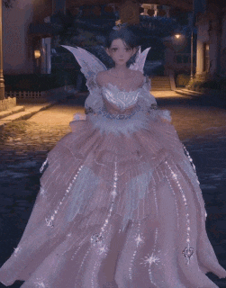 a girl in a pink dress with wings is standing on a street