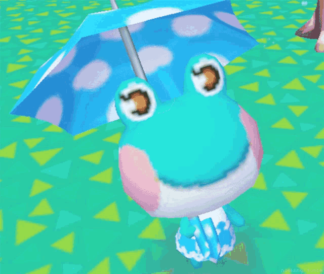 a frog holding a blue and white polka dot umbrella on a green background
