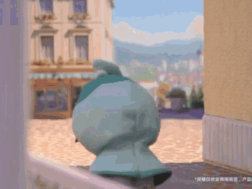 a stuffed animal is standing on a sidewalk in front of a building with chinese writing on it