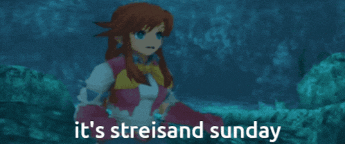 a video game character with the words it 's streisand sunday on the bottom