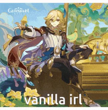 a character from genshin impact is sitting on a bench with the words vanilla irl written below him