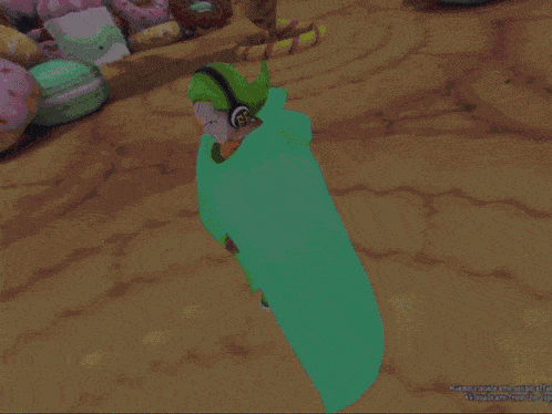 a video game character wearing headphones and a black cape with a star on it