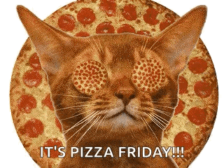a cat is surrounded by a pizza with pepperoni on it 's eyes and says it 's pizza friday