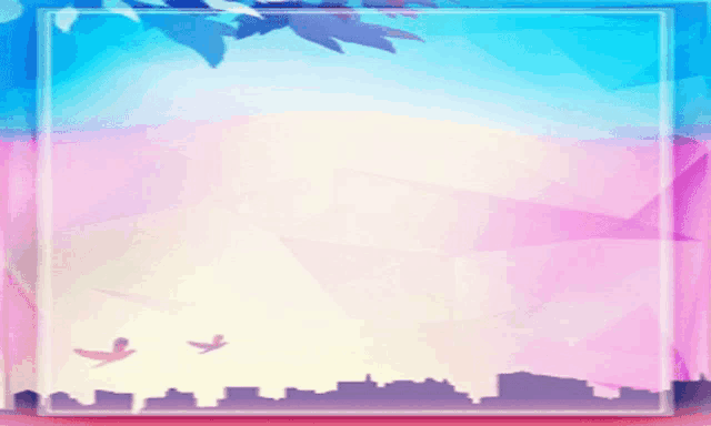 a pink and blue background with birds flying over a city skyline