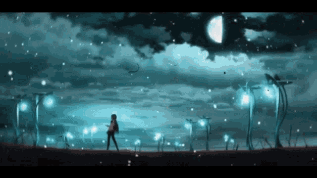 a person standing in a field with a half moon in the background