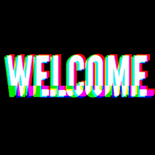the word welcome is displayed in a rainbow of colors on a black background