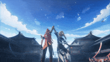 a man and a woman are holding hands in front of a blue sky