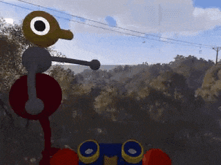 a cartoon character is standing in the woods with a remote control