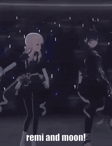 two anime characters are dancing in front of a sign that says remi and moon !