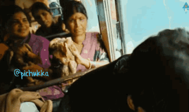 a group of people are looking out a window with the name pichukka on the bottom left