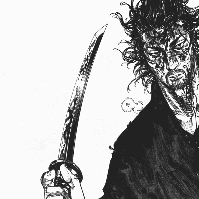 a black and white drawing of a samurai holding a large sword