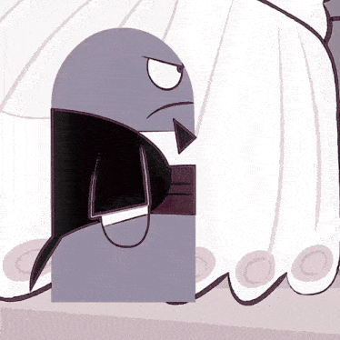 a cartoon character is standing in front of a white sheet