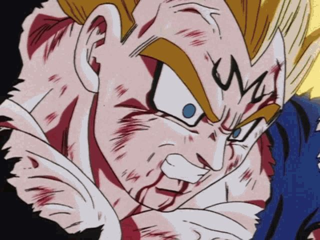 a close up of a dragon ball z character with a m on his face