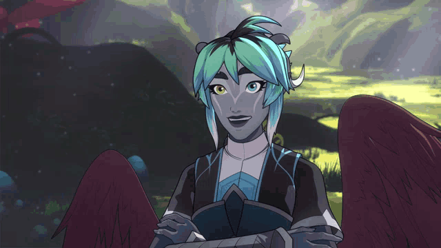 a cartoon character with wings and blue hair is smiling