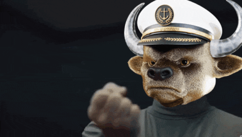 a cartoon bull wearing a captain 's hat and a turtleneck