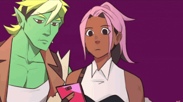 a cartoon of a man and a woman looking at a phone