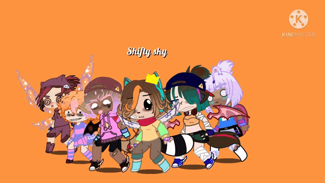 a group of cartoon characters standing next to each other with the name shifly sky on the bottom