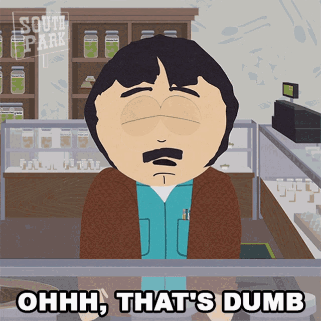 a cartoon character from south park is behind a counter and says ohhh that 's dumb
