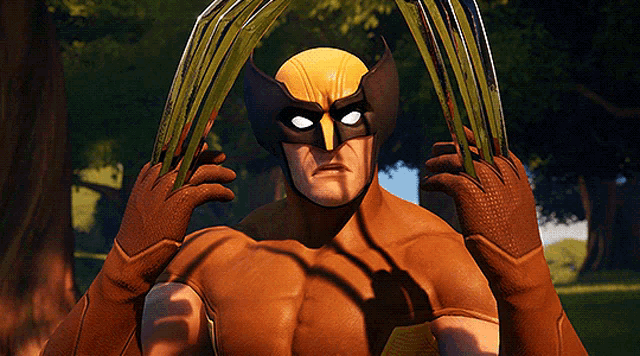 wolverine is holding up his claws in a video game scene