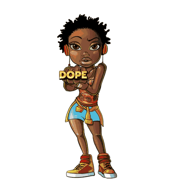 a cartoon girl with headphones holds up a sign that says dope