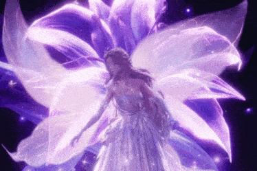 a woman in a white dress is surrounded by purple wings