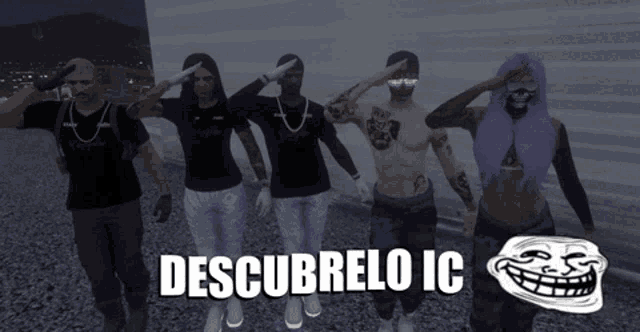 a group of people saluting in front of a sign that says " descubrelo ic "